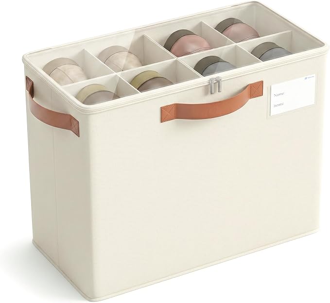 Varhomax Shoe Organizer Box for Closet, Small Fabric Storage Basket Beige | Foldable Shoe Bin with Adjustable Dividers & Clear Cover, Saving Space Sneakers & Sandals Containersfor Entryway, Cubby by Varhomax