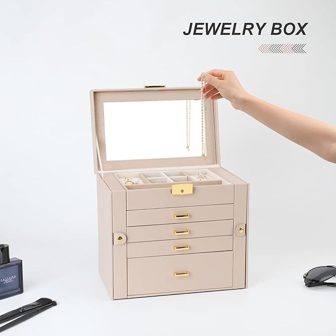 Jewelry Box, Women's Jewelry Organizer with Mirror, 5 Layers & 4 Drawers, Apricot - Image 2