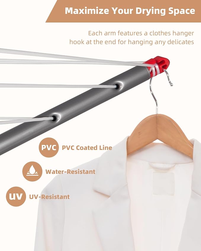 STORAGE MANIAC Portable Umbrella Clothes Drying Rack 8 Lines with 82 Feet Drying Space, Steel Frame & Adjustable Height, 4-arm Umbrella Clothesline for Laundry, Collapsible Indoor & Outdoor Drying - Image 6