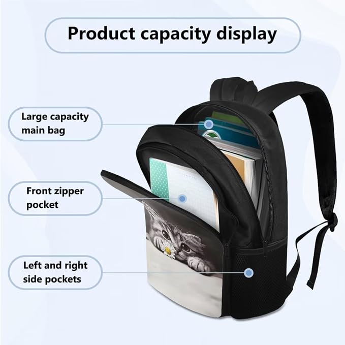 Large Backpack for School 4 Pcs, Cat Daisy Print Teens Bookbag School Book Bag with Insulated Lunch Bag Pencil Case Water Bottle Sling, Back to School Supplies - Image 2