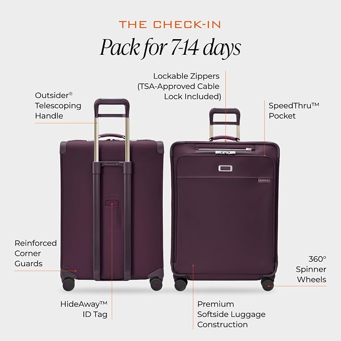 Briggs & Riley 29" Large Expandable Spinner - Checked Luggage for Travel, Suitcases with Wheels, Softside Rolling Bag for Men & Women, Self-Repairing Zipper - Baseline Collection, Plum - Image 3