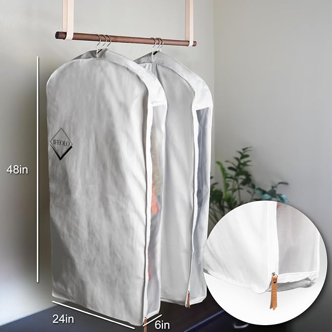 2PC Luxury 48'' Organic Cotton Garment Storage Bag for Hanging Clothes | 8 Cedar Blocks for Fresh Smell| Breathable Garment Bag for Hanging Clothes for Closet Best for Suit, Sweater, Short Dress, Gown - Image 4