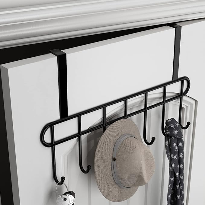 Multi Functional Steel Over The Door Hook Hanger Organizer Wall Hook Rack for Hanging Clothes Jeans Umbrellas Jackets Scarfs Bags Keys Towel in RoomKitchen Bathroom Black (7 Hook) - Image 2