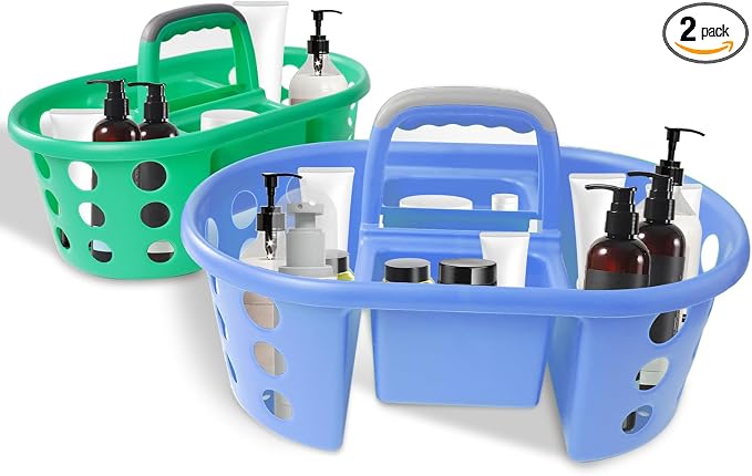 SIMPLYKLEEN Large Shower Caddy Portable 2PC - Made in USA Plastic Jumbo Size Dorm Storage Candy Tote with Handle Shower Organizer for Bathroom, Pantry, Kitchen, College Dorm, Green/Periwinkle by SIMPLYKLEEN