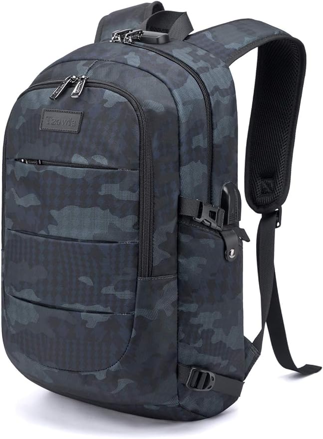 Tzowla Travel Laptop Backpack Water Resistant Anti-Theft Bag with Giant Tumbler Holder Pocket and Lock 17.3 Inch Computer Business Backpacks for Women Men Work College Gift,Casual Daypack(BlueCamo) by Tzowla