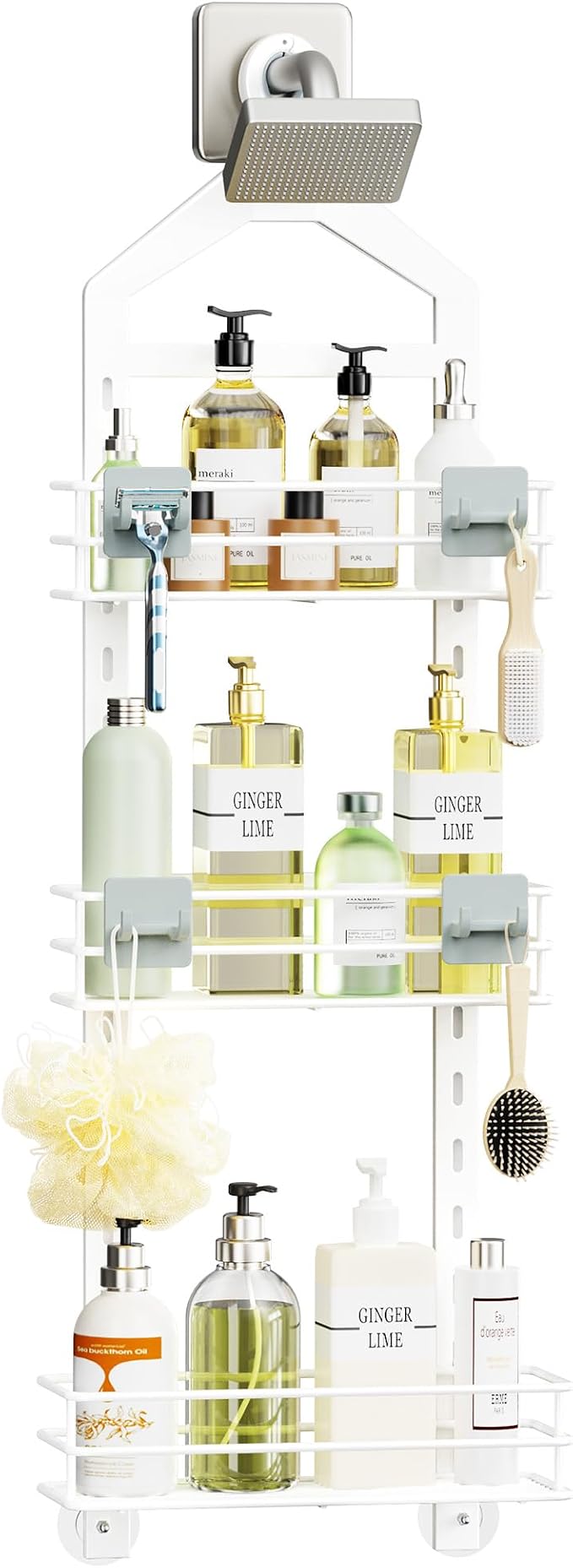 Orimade Adjustable Anti-slip Shower Caddy over Head, Rustproof Bathroom Hanging Shower Organizer with 2 Hooks for Razor, No Drilling Shower Shelves Storage Rack 3 Tier, White by Orimade