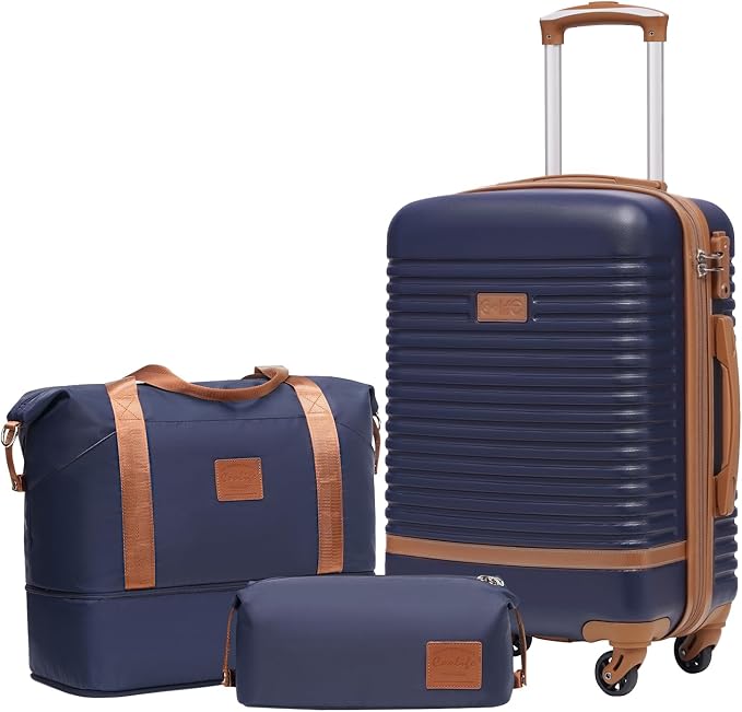 Coolife 3 piece luggage Carry On Suitcase Hardside TSA Lock,Navy(DB/TB/20) | 360° Spinner Wheels;Convenient Trolley Sleeve;Water-Resistant Fabric;Fully-Lined Zipper Interior;Lightweight ABS by COOLIFE