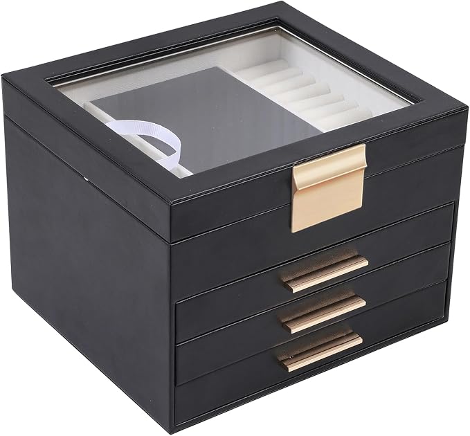 BOOVO Clear Lid Jewelry Box,3 Layers Jewelry Organizer Large Jewelry Storage Box with 2 Drawers,Jewelry Holder Organzier of Rings Earrings Necklace Bracelets for Women (Black, 4 Layer) by BOOVO