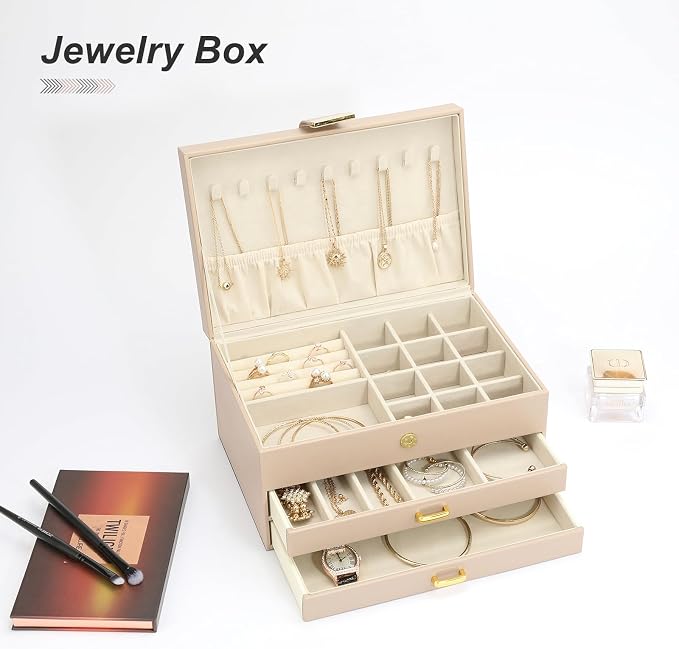 Jewelry Box, 3-Tier with 2 Drawers, Beige, Modern, Women's Jewelry Organizer - Image 6