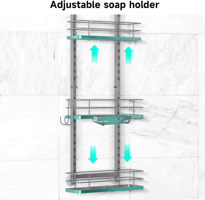 Shower Caddy Hanging (Silver), Adjustable Anti-Swing-Over The Shower Head Caddy, 3 Tier Height Bathroom Storage Organizer, Bathroom Shelves Basket Rack, Shower Caddies Rack with Adjustable Soap Basket - Image 4
