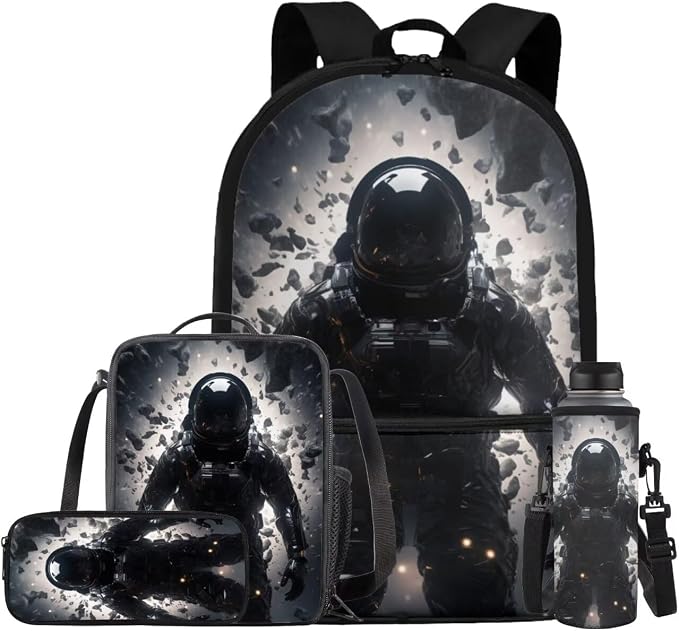 Astronaut Backpack for Kids Boys Backpack with Lunch Box Water Bottle Carrier with Strap and Pencil Case Pouch 4PCS Set Sturdy Bookbag with Front Pocket for School 17" Lightweight School Bag by ELEDIZI