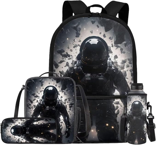 Astronaut Backpack for Kids Boys Backpack with Lunch Box Water Bottle Carrier with Strap and Pencil Case Pouch 4PCS Set Sturdy Bookbag with Front Pocket for School 17" Lightweight School Bag by ELEDIZI