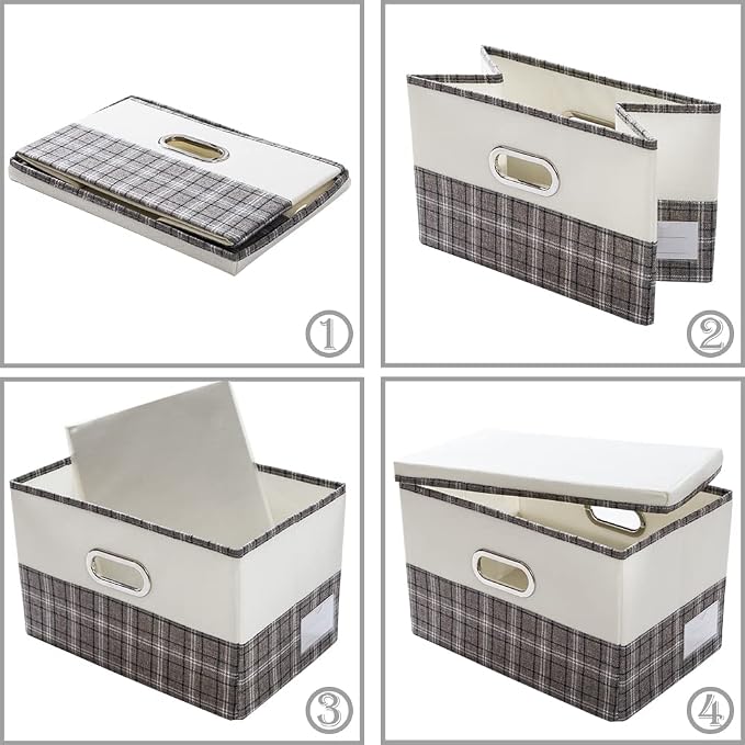 PRANDOM Collapsible Storage Bin with Lid [3-Pack] Fabric Foldable Storage Box Organizer Container Basket Cube with Cover for Home Bedroom Closet Office Nursery Gray plaid & Cream(14.9x9.8x9.8) - Image 4