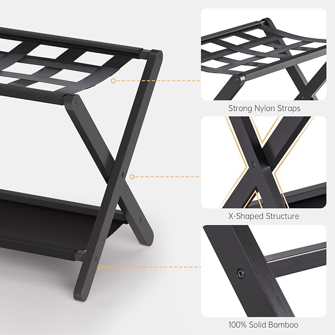 HITNET Luggage Rack for Guest Room, Pack of 2, Suitcase Stand Folding Bedroom, Bamboo Hotel Luggage Holder with Fabric Storage Shelf and Nylon Straps, Black - Image 5