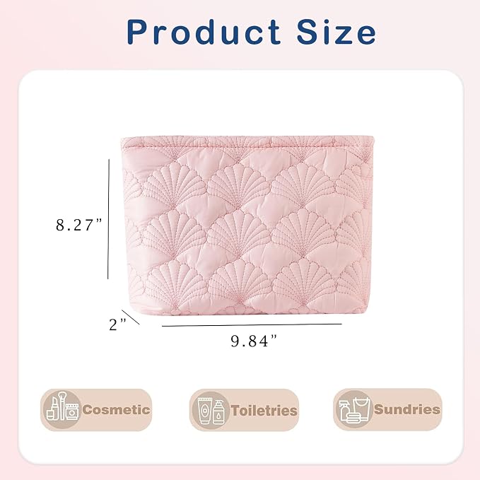 RSRSLEII Quilted Cotton Coquette Makeup bag, Coastal Granddaughter Aesthetic Cosmetic Bag, Cute Seashell Portable Travel Toiletry Pouch(10Pink - Image 3