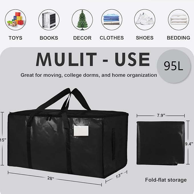 12 Pack-Extra Large Heavy Duty Moving Bags - Waterproof Storage Totes with Handles & Zippers, Foldable for College Dorm, Storage (Black) - Image 2