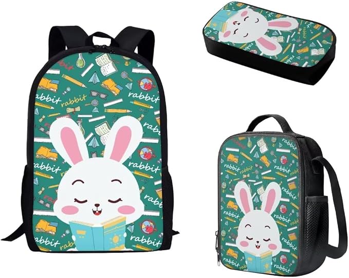 Mumeson Cartoon Rabbit Backpack School Bags Set for Kids Teen Casual Organizer Shoulder Bags School Supplies Satchel Schoolbag with Lunch Tote Bags Zipper Closure Pencil Case by Mumeson