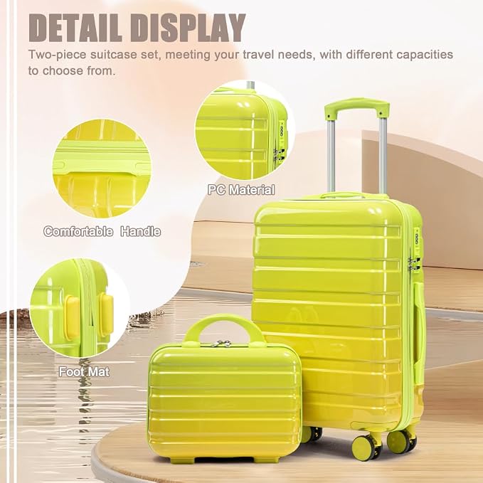 Gradient Color Suitcase 2-Piece Set, 20" Rotating Wheel Suitcase with 14" Cosmetic Case, Lightweight Durable Hardshell Luggage with 360° Spinner Wheels for Travel, Women & Girls (Green+Yellow) - Image 2