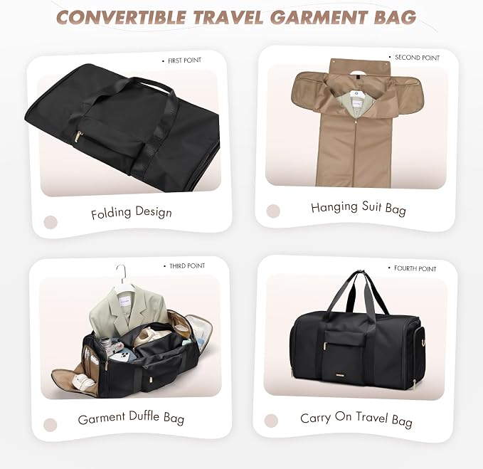 Convertible 2-in-1 Garment Bags for Travel,Women Men Carry On Garment Duffle Bag With Shoe Compartment,Hanging Suit bag,48L,Black - Image 3