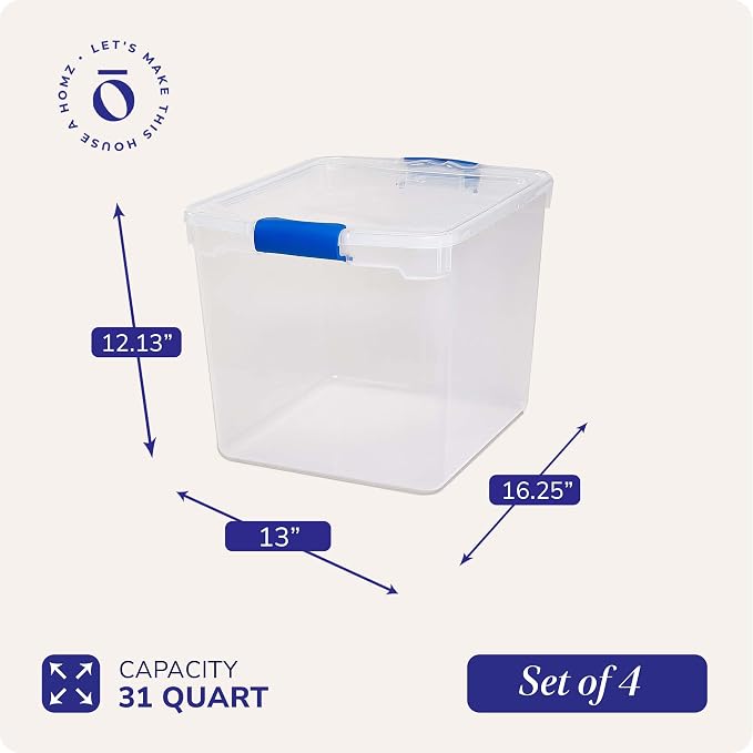 HOMZ 4-Pack 31 Quart Latching Lid, Clear Plastic Storage Organizer Bins, Blue – Stackable Containers for Home & Office Shelves, Kitchen, Garage, and Bathroom Organization - Image 4