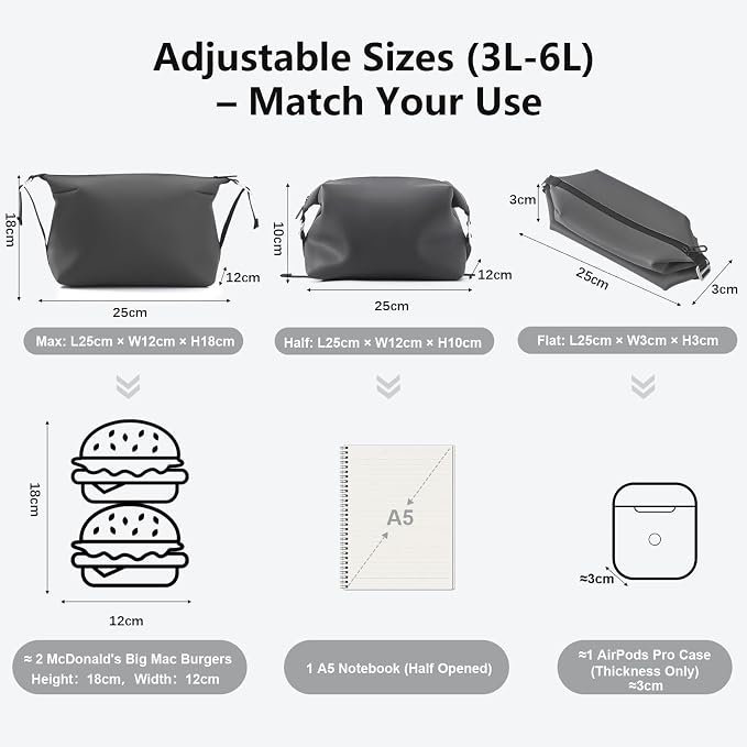 Vomgomfom 6L 13 Inch Silicone Toiletry Bag, Waterproof Leakproof Travel Cosmetic Organizer, Adjustable G-Buckle Compression Dopp Kit, Foldable Makeup Bag for Women & Men (Grey, 13" 6L) - Image 5