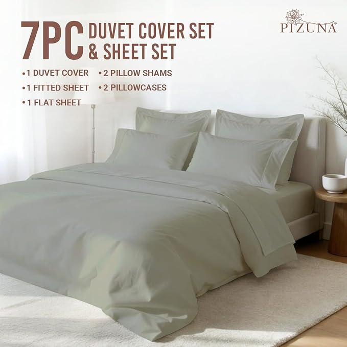 Pizuna Pure 100% Long-Staple Cotton Duvet Cover + Sheet Set Queen, Luxurious 400 Thread Count Long Staple Cotton, Soft Sateen Weave Bedding Set (Silver) - Image 3