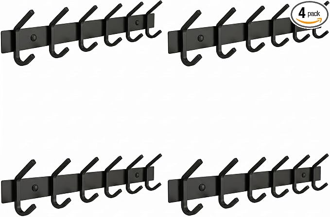 Coat Rack Wall Mount – 17 Inch Stainless Steel Hook Rail with 6 Double Coat Hooks for Hanging – Wall Mounted Entryway Organizer for Coats, Hats, Bags, Towels, Robes, Closet or Bathroom - Black 4 Pack by SAYONEYES