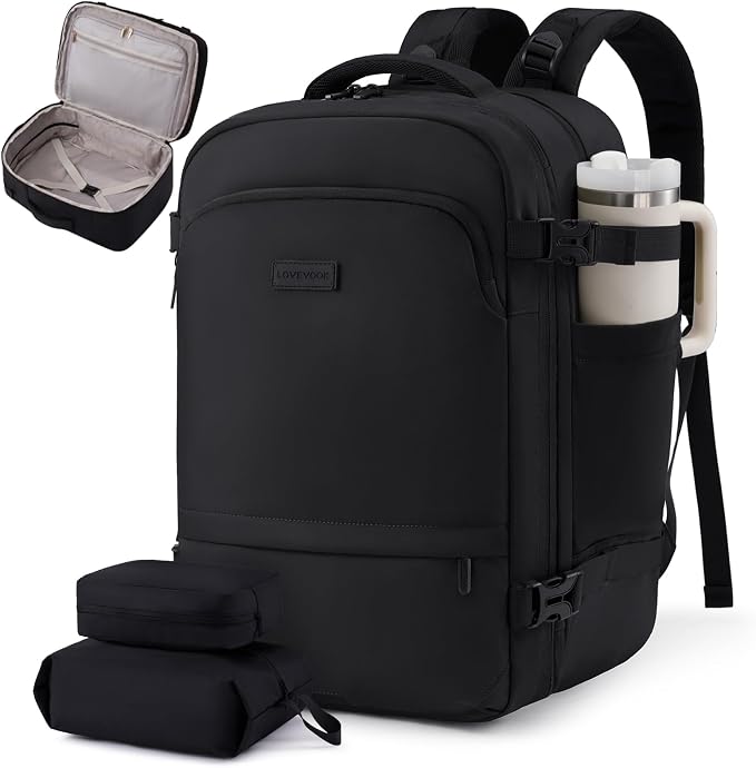 LOVEVOOK Travel Backpack for Women & Men, Carry On Backpack with Cup Holder, Personal Item Travel Bag Flight Approved with Padded Laptop Compartment, Weekender Daypack With 2 Cubes, 18 Inch Black by LOVEVOOK