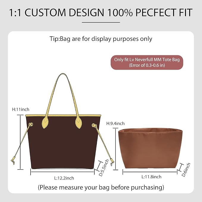 Purse Organizer Insert for LV Neverfull MM, Nylon Bag Organizer with 13" Laptop Sleeve, Deep Elastic Bottle Holders, YKK Zipper Pocket, 6 Compartments,Lightweight Luxury Tote Insert - Image 2