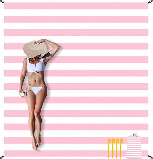 Pink Stripe Beach Blanket Sandproof Waterproof, Extra Large 78''×86'' Beach Mat for 1-4 Adults with Stakes and Sand Pocket, Compact Lightweight Sand Free Picnic Mat Beach Essential by BEW
