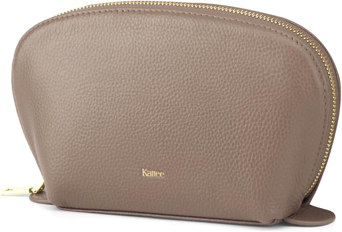 Kattee Leather Makeup Bag, Travel Cosmetic Bag Set, Toiletry Bag Organizer for Women, 1-PACK, Medium, Khaki by Kattee