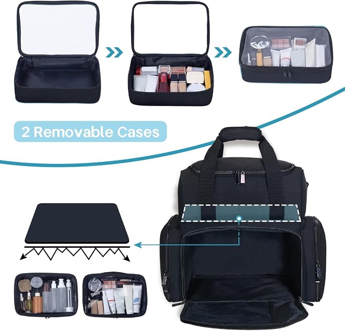 Large Makeup Bag with 2 Removable Case Cosmetic,Black | Large Makeup Bag with 2 Removable Case Multifunctional Cosmetic Bag Double Layer Travel Toiletry Organizer - Image 4