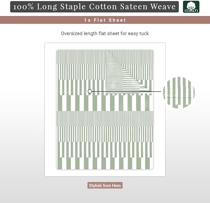Pizuna Pure 100% Cotton Flat Sheets Only King Green Cascade Stripe (1 PC), Luxurious 400 Thread Count Long Staple Cotton Sateen with 4" Hem (Combed King Flat Sheet Only Cotton) - Image 3