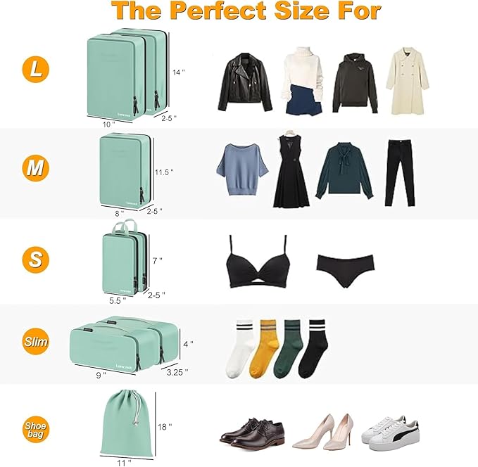 8 Set Compression Packing Cubes for Travel, Waterproof Luggage Organizers, Suitcase Organizer Set for Carry-On & Checked Baggage, Travel Accessories for Men & Women