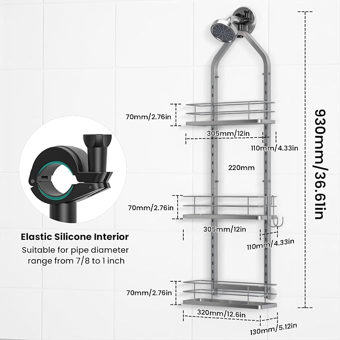 Shower Caddy Hanging (Silver), Adjustable Anti-Swing-Over The Shower Head Caddy, 3 Tier Height Bathroom Storage Organizer Bathroom Shelves Basket Rack Shower Caddies (3Tier) - Image 6