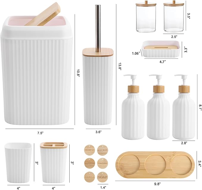 Bathroom Accessories Set White Bathroom Set with Trash Can,3PCS Lotion Soap Dispenser, Toothbrush Holder, Soap Dish,Tumbler Cup,6pcs Wood Tags White Bath Accessories with Tray for Bathroom Decor - Image 6