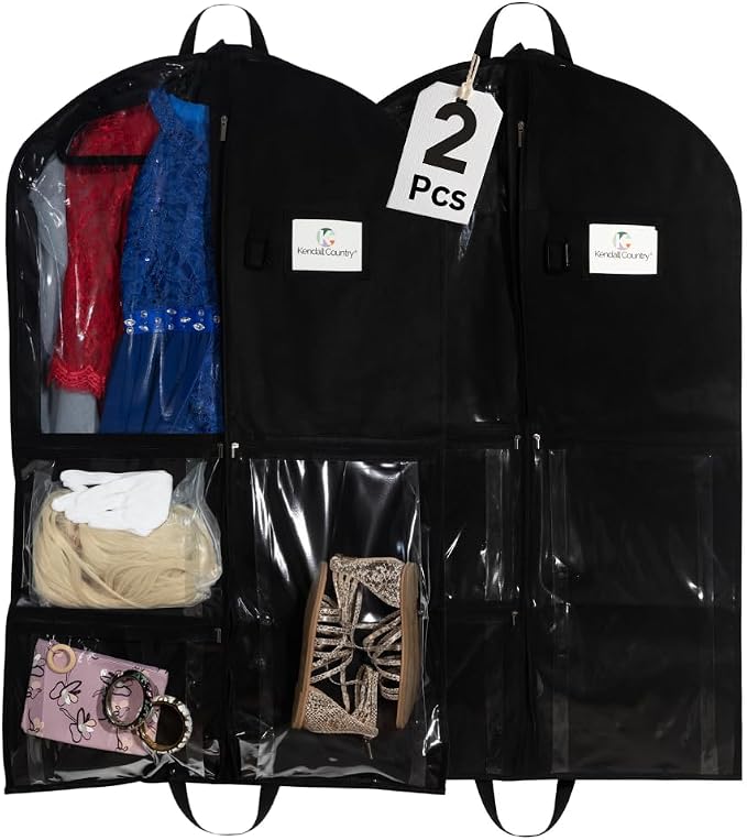 Waterproof Hanging Garment Bag 40 inch Clothes Bag with Gusset, 2 Pack, 5 Pockets & Side Zip for Dance Costumes, Sports, Skating, Theatre, Beauty Pageants, Cheer & More by Kendall Country, Raven Black - Image 2