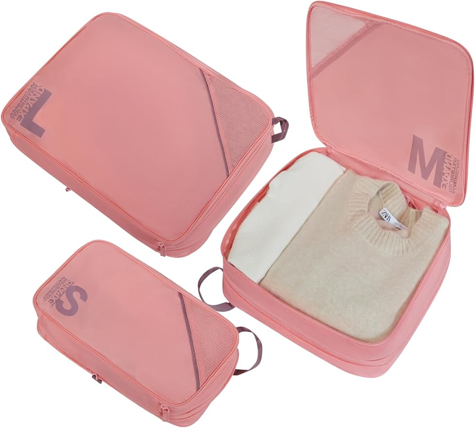 American Tourister Packing Cube Set of 3 - Suitcase Organiser for Holiday, Luggage Organiser for Suitcases, Hand Luggage and Backpack, Purple/Pink - Image 2
