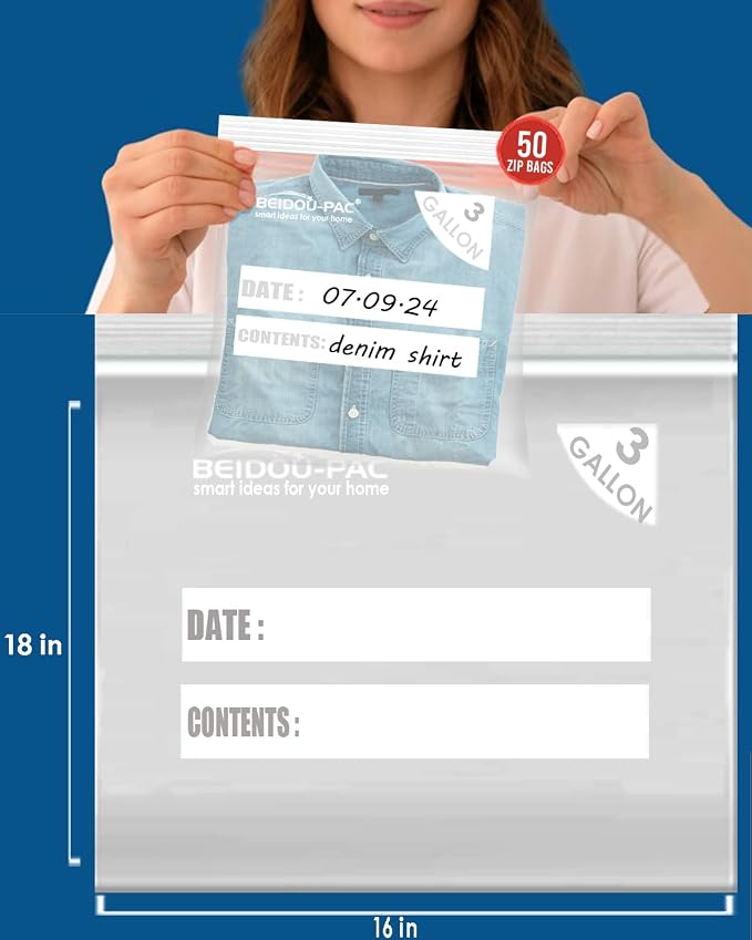 BEIDOU-PAC 3 Gallon Large Plastic Bags with Zipper Top, | 50 Count | 2 Mil | 16" x 18" | Heavy-Duty Reusable Clear Freezer Storage Bags - Image 2