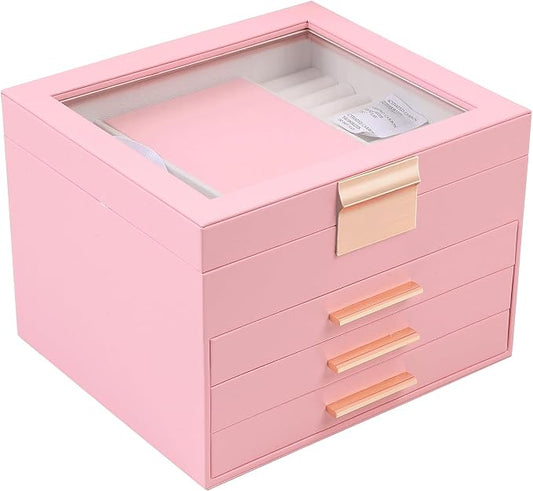 BOOVO Clear Lid Jewelry Box,3 Layers Jewelry Organizer Large Jewelry Storage Box with 2 Drawers,Jewelry Holder Organzier of Rings Earrings Necklace Bracelets for Women (Pink, 4 Layer) by BOOVO
