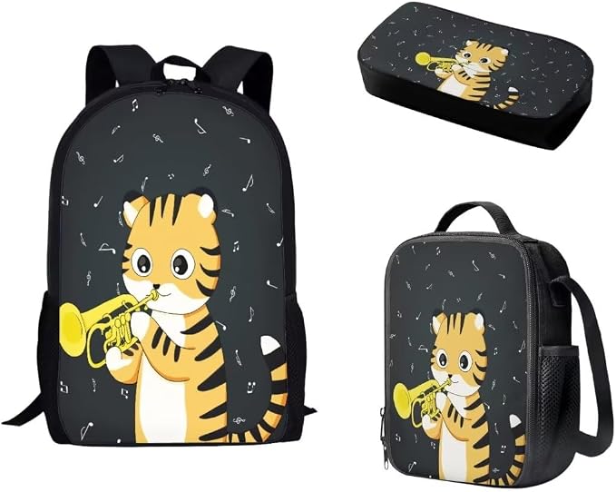Mumeson Cartoon Cat Design Backpack Large Capacity Book Bags Daypack Casual Lightweight Satchel with Insulated Thermal Lunch Handbag Crossbody Bag and Pencase 3 Pieces by Mumeson