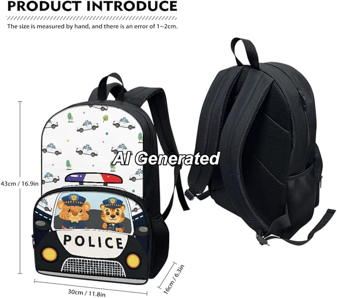 Police Car Kids Backpack Boys 3 Piece School Bag Set for Girls 4-6 with Lunch Kit and Pencil Pouch Backpack for 1 Grade Toddler Bookbag - Image 3
