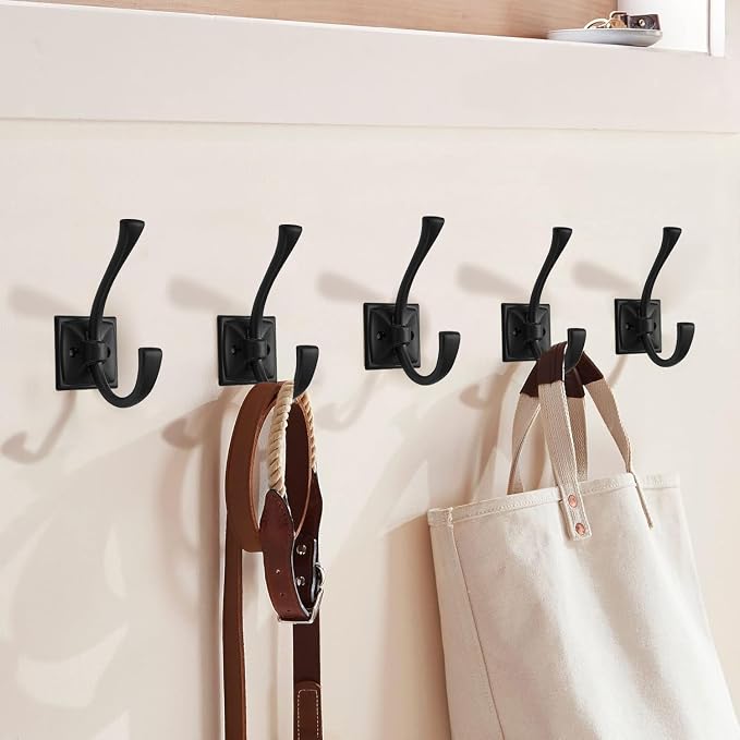 2-Pack Matte Black Coat Hooks - Wall Mounted Double Robe Hooks for Coats, Towels, Bags, Cups, Hats - Image 3