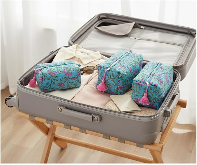 Quilted Floral Block Print Makeup Bag Set of 3 – Cotton Travel Toiletry and Makeup Organizer, Cosmetic Pouch, Toiletry Bag for Women, Cute Boho Coquette Make Up Bags for Women (Small, Medium, Large) - Image 9