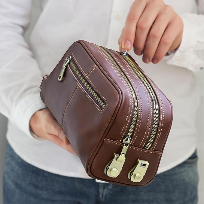 CONTACTS Full Grain Leather Toiletry Bag with Lock for Men Travel Bag Shaving Dopp Kit Organizer Clutch with Handle and Double Combination Lock - Image 3