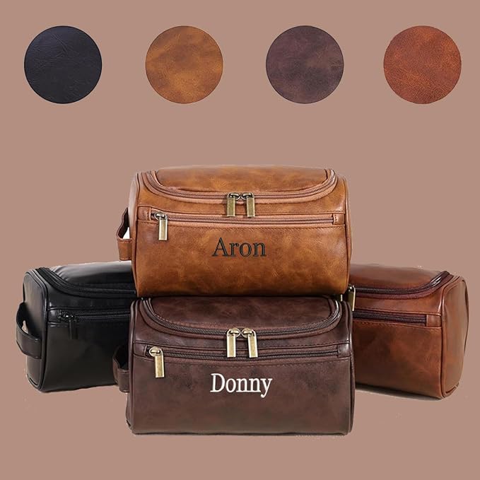 GOPHIE Personalized Embroidered Men's Leather Toiletry Bag,Travel Toiletry Bag for Men,PU Leather Waterproof Travel Shaving Dopp Kit (3, Coffee) - Image 6