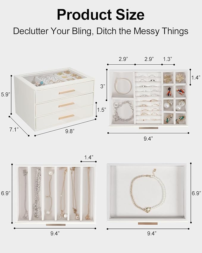 GUOER Jewelry Box for Women, Glass Lid Jewelry Organizer with 3 Drawers PU Jewelry Storage Case for Necklaces Rings Earrings Bracelets (Pink) - Image 3