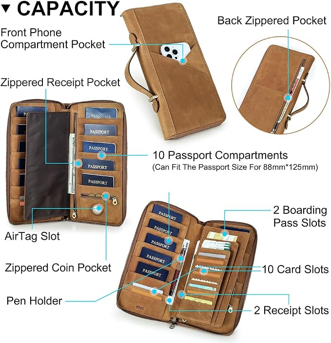 CONTACTS Family Passport Holder for 10 Full Grain Leather Passport Holder Compatible with Airtag Family Travel Document Organizer Multiple Passport Wallet with Rfid Blocking (Brown) - Image 4