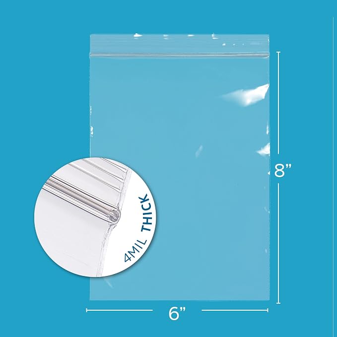 6" x 8" Heavy-Duty Zip Bags - 200 Count - Clear Plastic Reclosable Zipper Baggies, 4 Mil Thick Freezer Storage Poly Bags with Resealable Zip Top Lock for Packaging Food, Tools & Sharp Objects. - Image 2