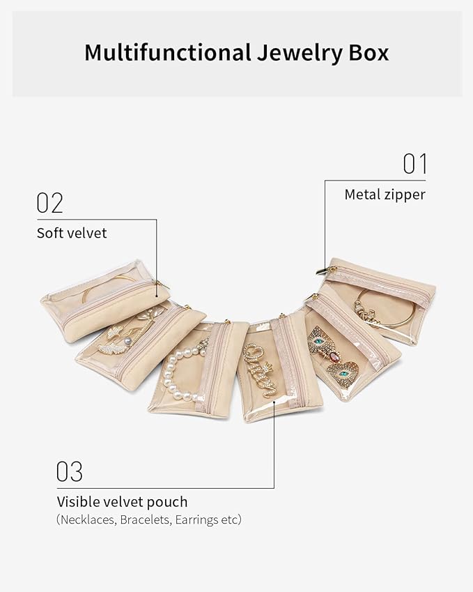VLANDO Jewelry Travel Case,Travel Jewelry Organizer with Clear Velvet Jewelry Bags Zipper Pouch for Women Girl Gift 6Pcs - Image 4